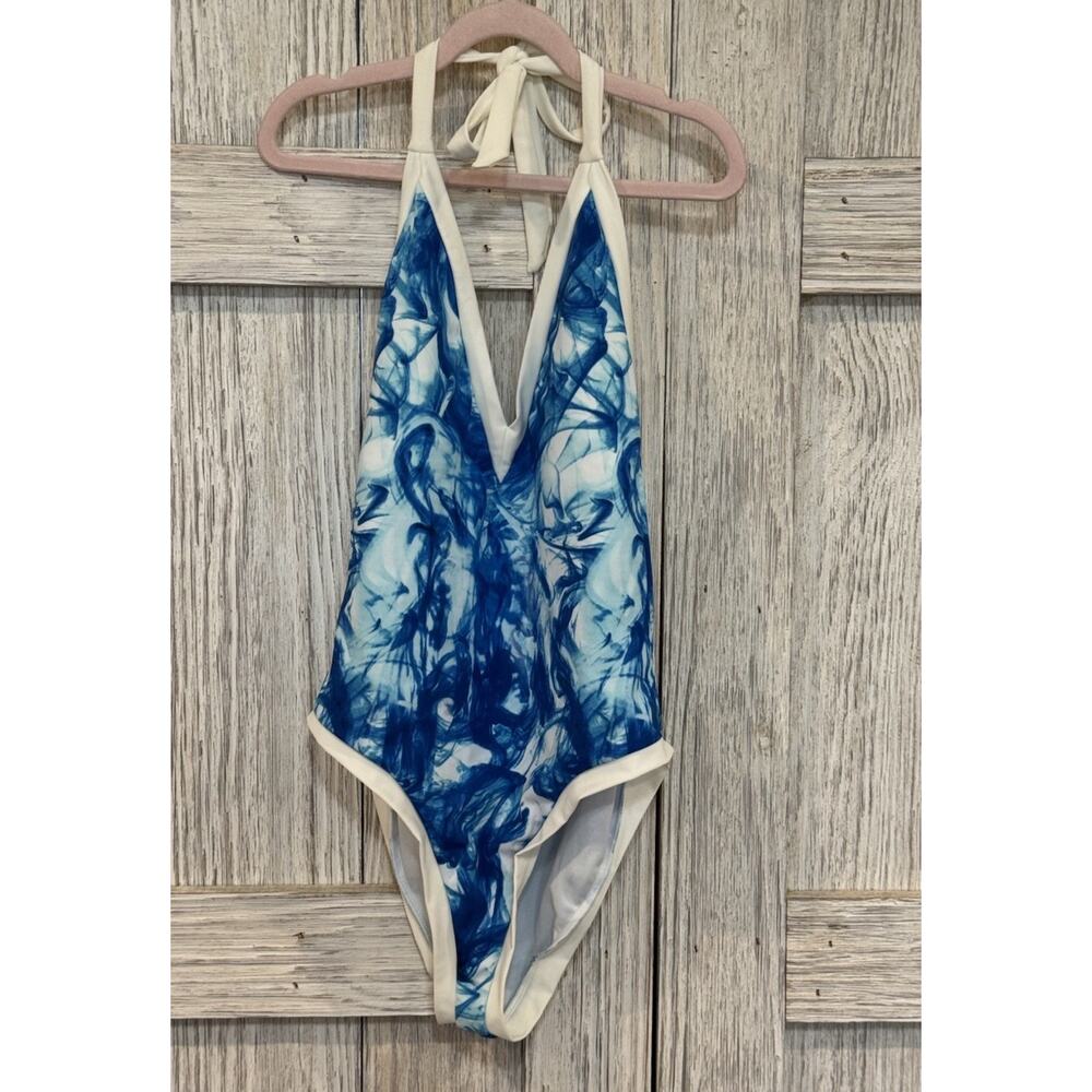 Sole East Swim One Piece Halter Neck Back Tie Swimsuit Blue White Swirl Size S - Picture 3 of 9